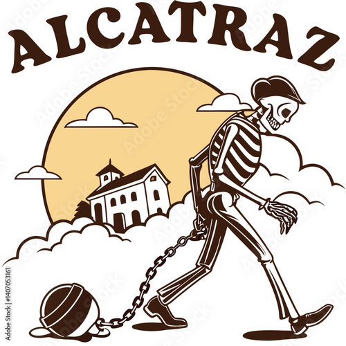 Alcatraz Skeleton Prisoner Illustration With Building In The Background Cartoon Design