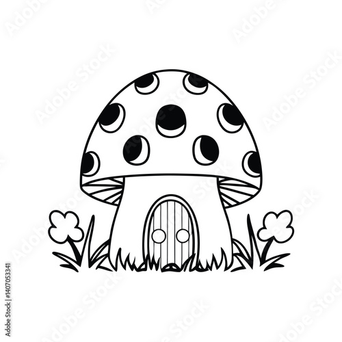 Whimsical Mushroom House with Circular Windows and Floral Surroundings – Fairy-Tale Sketch Illustration Blending Cozy Forest Cottage Vibes with Playful Nature Details for Charming Storybook-Themed Dec