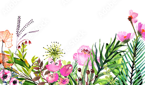 Sfondo floreale con delicati fiori in un giardino, illustrazione ad acquerello