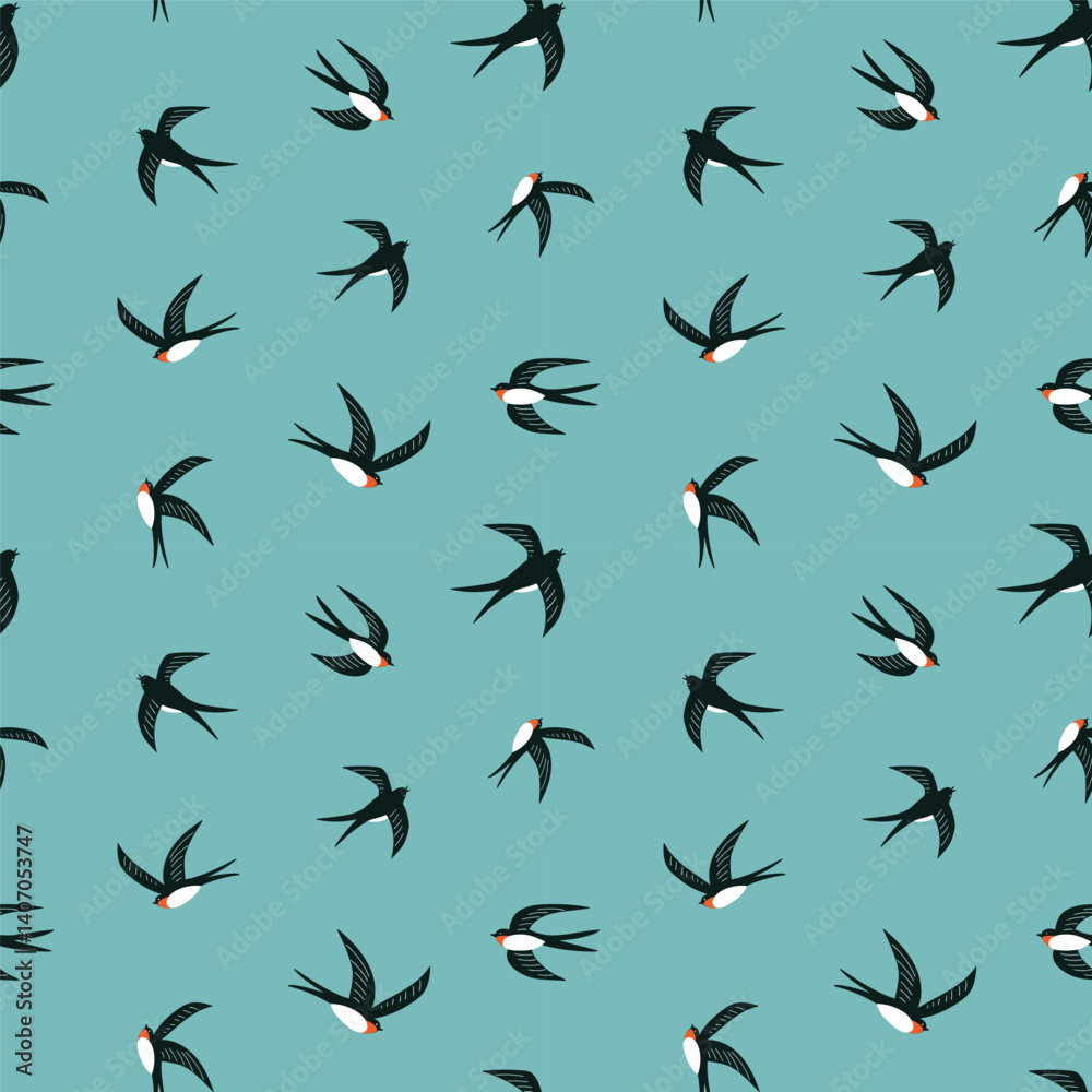 Fototapeta premium Stylized swallows on turquoise background. Vector bird seamless pattern design for kids fabric or wallpaper. 