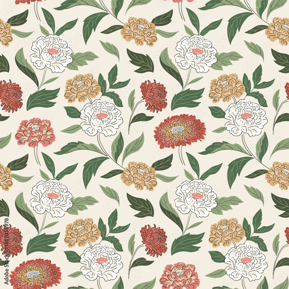 Vector floral seamless pattern in hand-drawn style. Boho summer chrysanthemum flowers repeat background. Botany Chinese chrysanthemum seamless fabric design. Vector floral seamless pattern in hand-drawn style. Boho summer chrysanthemum flowers repeat background. Botany Chinese chrysanthemum seamless fabric design.