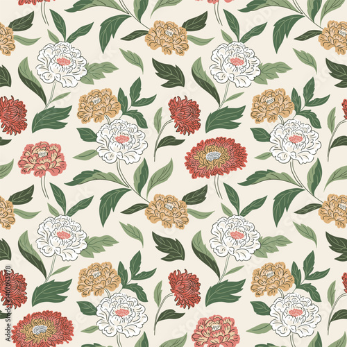 Vector floral seamless pattern in hand-drawn style. Boho summer chrysanthemum flowers repeat background. Botany Chinese chrysanthemum seamless fabric design.