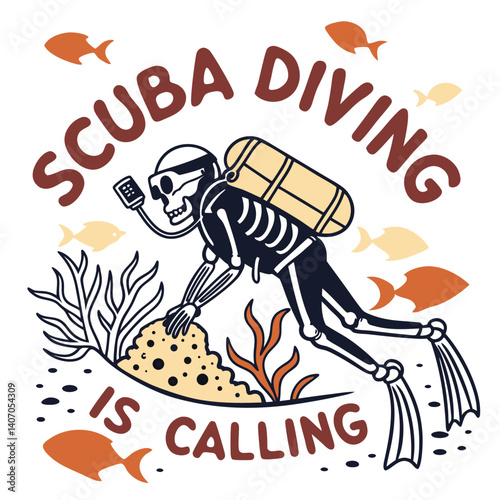 Scuba Diving Skeleton Diver Swimming With Fish In The Deep Ocean