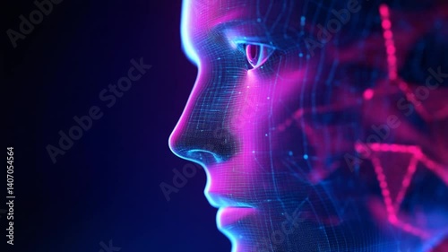 Digital Human Head with Futuristic Grid Design and Neon Lighting Effects Visualization