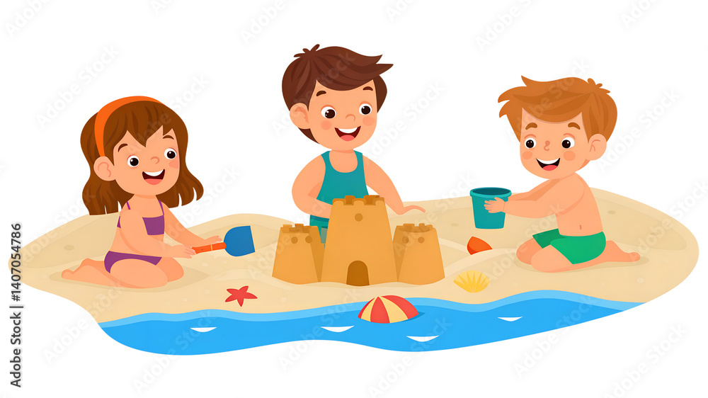 Three children are happily engaged in building a sandcastle on a sandy beach under the warm sun. The girl in a swimsuit holds a small shovel, while one boy fills a bucket with sand, and the other shap Three children are happily engaged in building a sandcastle on a sandy beach under the warm sun. The girl in a swimsuit holds a small shovel, while one boy fills a bucket with sand, and the other shap