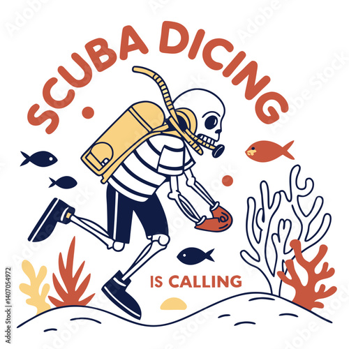 Skeleton Scuba Diver Adventure Underwater With Coral Reefs And Fish