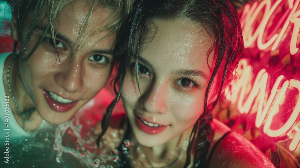 Naklejka premium Happy young couple enjoying a fun night at a vibrant pool party