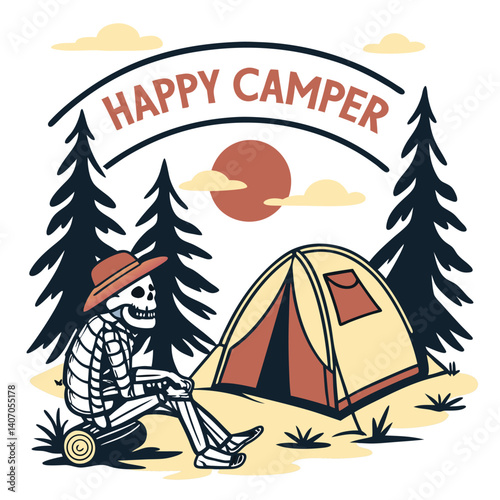 Skeleton Camping Trip Happy Camper Graphic Adventure In Nature Illustration
