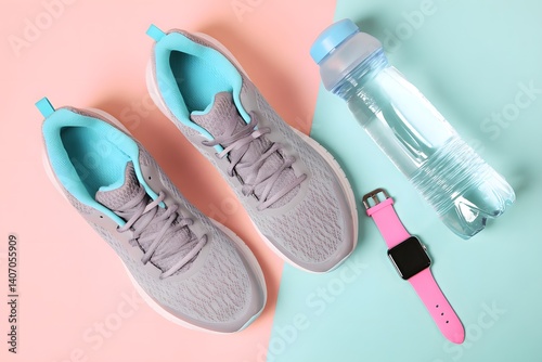 Wallpaper Mural Running Shoes, Fitness Tracker & Water Bottle on Pastel Torontodigital.ca