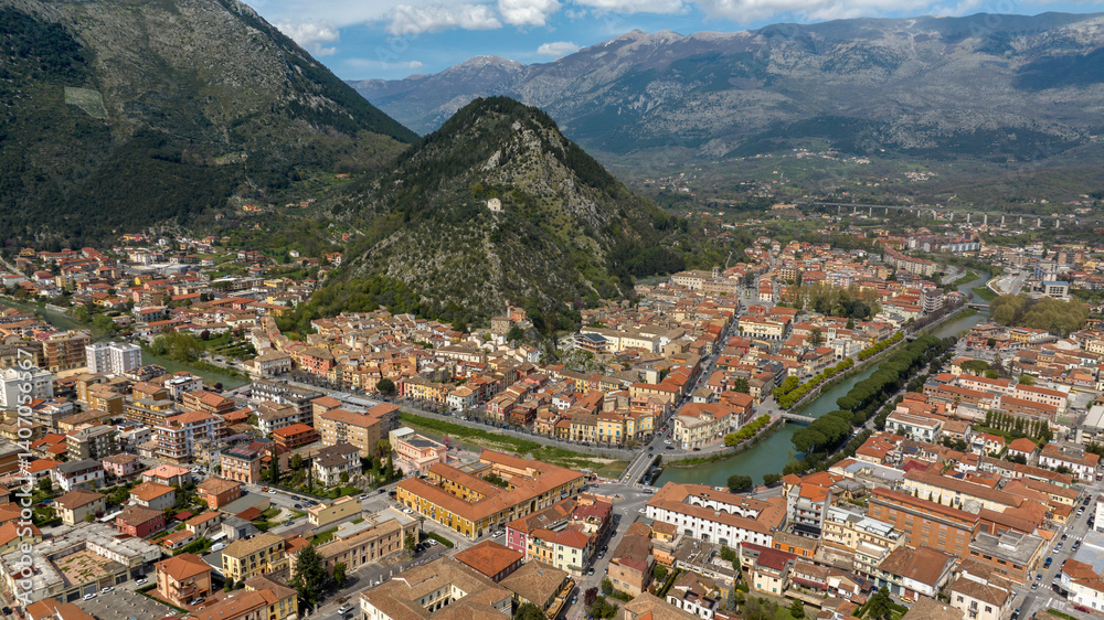 Aerial view of Sora. It is a town Lazio, Italy, in the province of Frosinone. It is built in a plain on the banks of the Liri river.