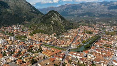 Aerial view of Sora. It is a town Lazio, Italy, in the province of Frosinone. It is built in a plain on the banks of the Liri river.