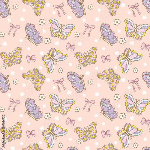 Cute Retro Pastel Spring Butterfly Flowers Seamless Pattern isolated on background