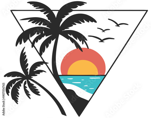 Stylized Tropical Sunset Scene with Palm Tree Silhouettes, Turquoise Waves, and Flying Birds – Minimalist Framed Illustration Evoking Coastal Vacation Vibes, Serene Atmosphere, and Warm Summer 