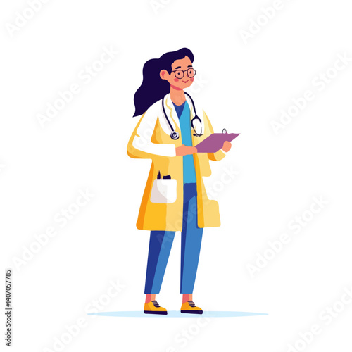 A Simple, flat, 2D icon of a woman Doctor isolated on a transparent background. It is a vector, animation design, vector, flat design, simple flat 2D icon, minimalist design, clipart