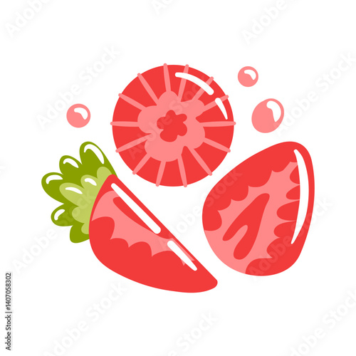 vector illustration captures the essence of fresh cut strawberries, showcasing their bright red color. Glimmering drops of juice accentuate the inviting, ripe fruit, evoking a sense of freshness