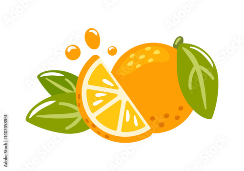 striking vector illustration showcases a fresh orange, artfully depicted alongside a slice and lush green leaves. vibrant colors highlight the fruits natural beauty, embodying freshness and vitality.