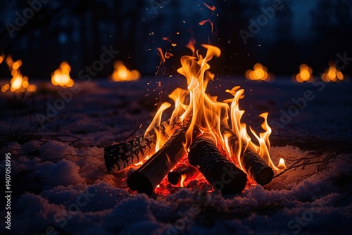 Midnight Glow Embracing Flickering Flames and Radiant Warmth in a Dark Setting