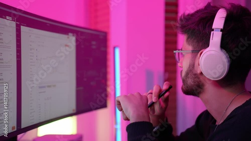 A focused individual analyzes data on dual monitors in a cozy home environment, illuminated by vibrant ambient lights, creating a productive atmosphere.