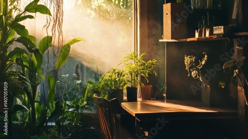 Cozy coffee shop corner with hanging plants