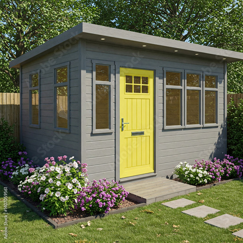 Modern grey garden shed with bright yellow door stands on green lawn, surrounded by trees and greenery. Shed has flat roof and windows. Path of square stones leads to the entrance. Ideal for adu use