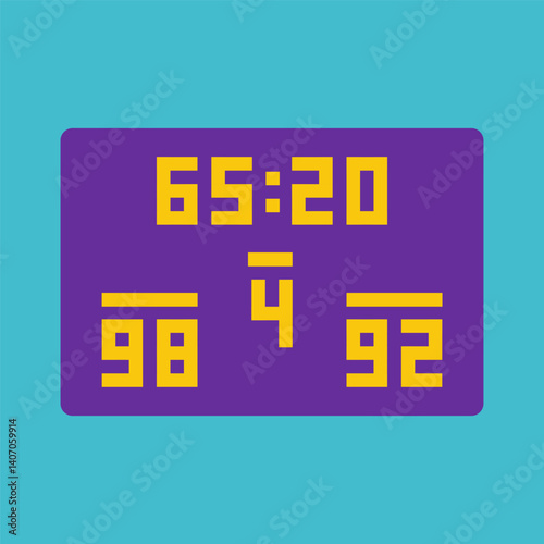 Vector flat illustration of score on the board in time of basketball match. Simplified icon for applications. Symbol of fight of two teams on game. Clipart sport collection with blue background