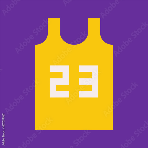 Vector flat concept with yellow basketball jersey and big number 23 on purple background. Square composition with sport tank top is icon to design ad in world championship. Clipart collection