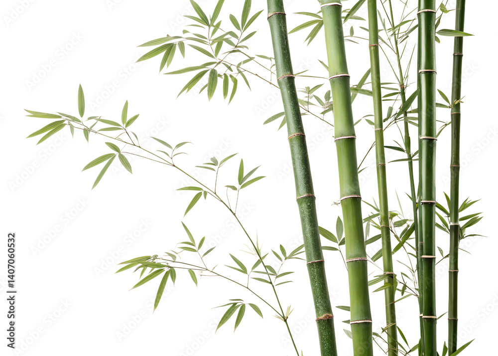 Fototapeta premium This artwork features a bamboo plant characterized by its slender green stems and graceful leaves. The plant's elegance is highlighted against a transparent backdrop, PNG transparent