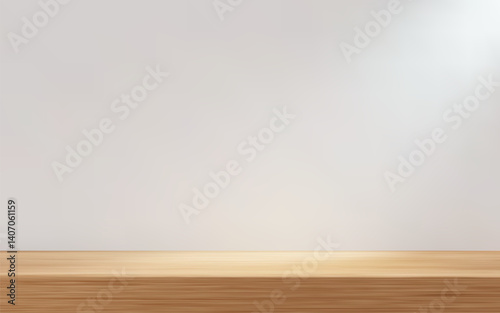 3d white wall room scene with wooden counter and natural lighting. Product presentation template