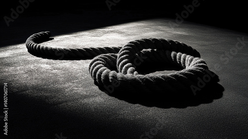 Coiled fitness rope on gym floor, dynamic shadows and side lighting - Strength and discipline in minimalist motion