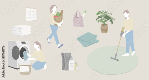 Calm Daily Life and Housework Icons｜Minimal Woman’s Lifestyle Illustration Set
A set of calm lifestyle illustrations depicting everyday housework and routines such as vacuuming, laundry, and grocery s