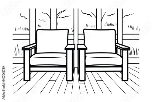 Line Art Of Two Patio Chairs On A Porch Overlooking A Garden