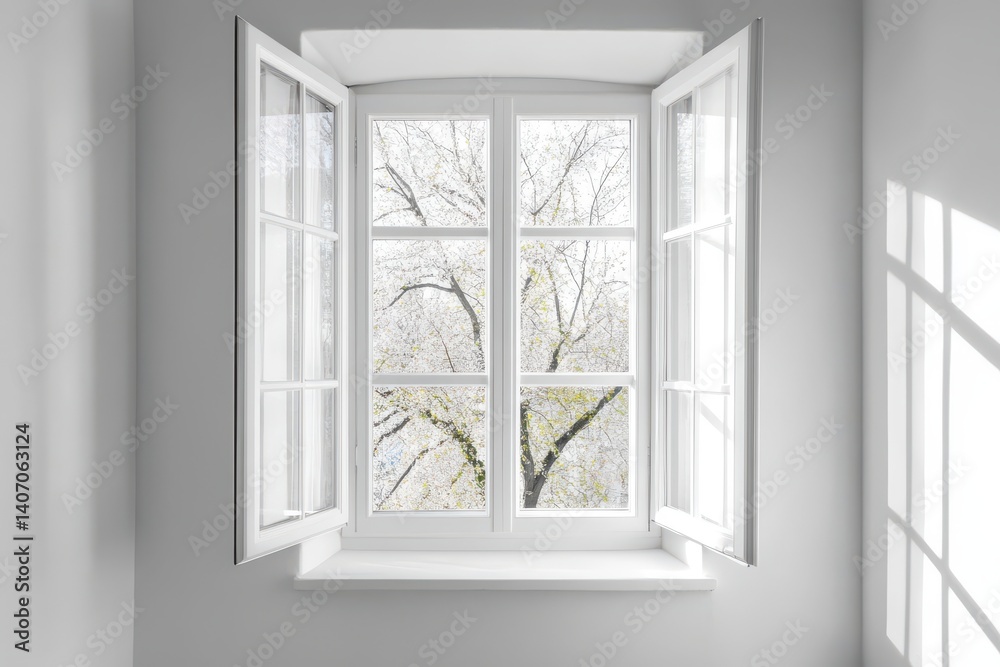 Fototapeta premium White open window with minimalist interior design and bright daylight