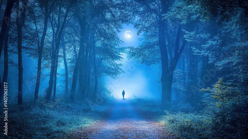 A lone figure emerges from the mist along a shadowed forest path, evoking mystery and solitude under the moonlight.