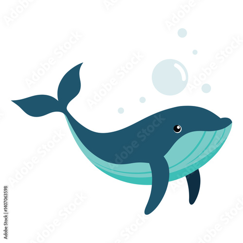 flat design of a whale swimming gracefully in the ocean Flat design of a whale swimming gracefully in the ocean on a white background