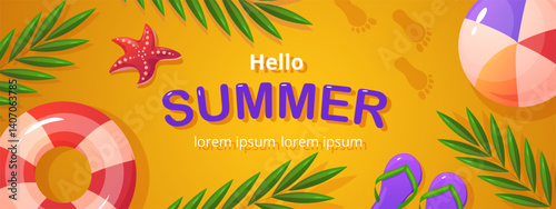 A summer banner with beach elements on a yellow background. Beach template with lifebuoy, beach ball, starfish, palm leaves, flip-flops. Suitable for seasonal promotions, social media, web design.