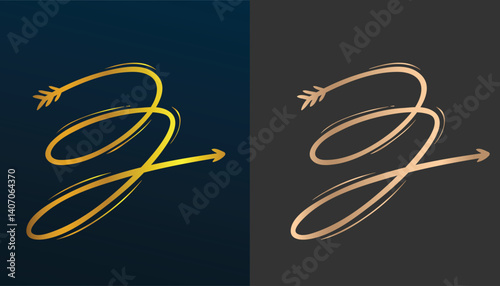 beautiful and attractive gold colored arrow direction logo vector image on black and white background