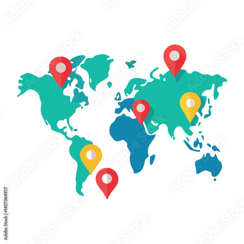 flat design of a world map with marked travel destinations