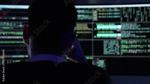 In a dark room illuminated by blue light, a young man focuses intently on coding tasks. Two large monitors display streams of code and data as he navigates through programming challenges.