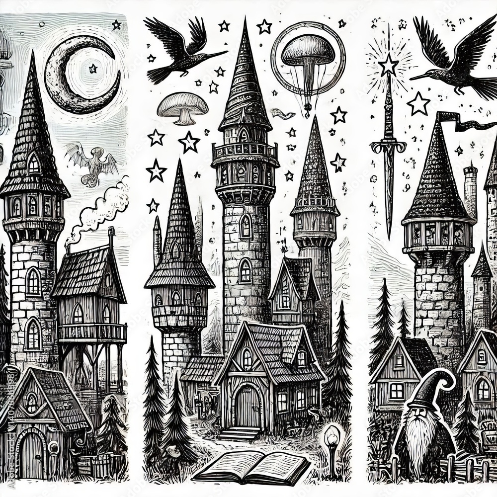 Fototapeta premium Wizard towers and magical scenes