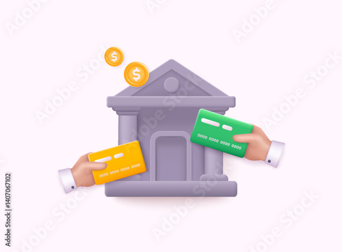 Online banking. Internet banking, purchasing and transaction, electronic funds transfers and bank wire transfer. 3D Vector Illustrations.
