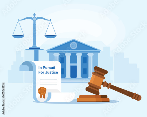 Legal Icons Courthouse Building Scales of Justice Gavel Document Flat Design Blue White Minimalist Illustration Law Symbols Judicial System Concept Vector Art Clean Lines