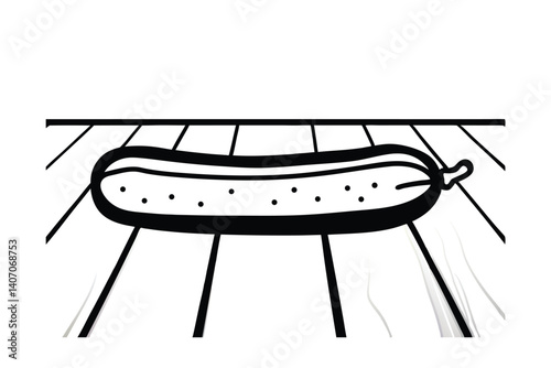 Single Black And White Line Art Illustration Of A Cucumber On Wooden Boards