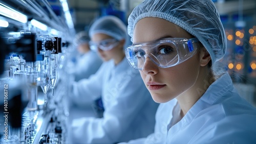 Technicians in a biomedical industrial lab testing the durability of surgical implants, professional lighting