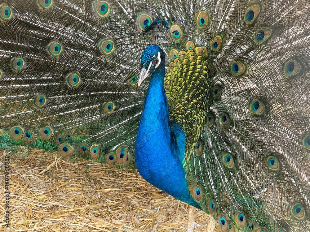 Obraz premium peacock poses with beautiful tail with feathers spread