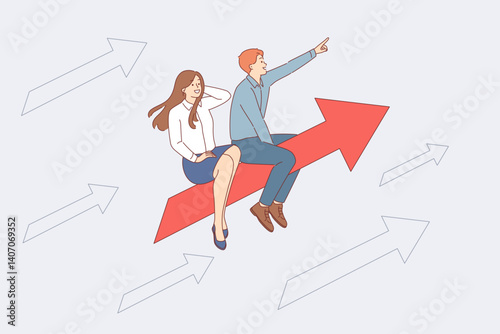 Business men and women are moving upward on big red arrow, for concept of striving for success