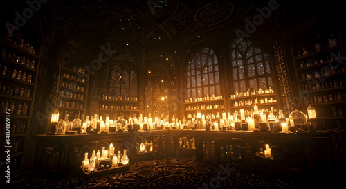 Alchemist workshop. A strange and creepy room with cabinets of curiosities filled with lots of bottles and glass jars. CG Artwork Background. AI generated digital illustration