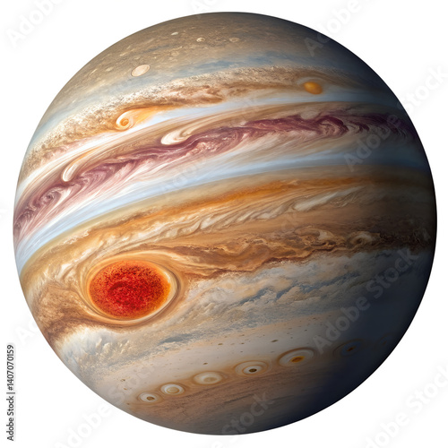 Jupiter, the largest planet in our solar system, showcases its magnificent swirling clouds and the iconic Great Red Spot, a massive storm persisting for centuries. The beautiful PNG transparent photo