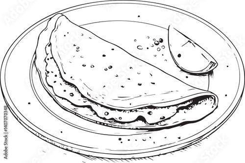 Omelette Eggs Egg Breakfast on Plate Black and White Vector Illustration, Sketch Drawing Line Linear Symbol Icon Engraving, Hand-drawn Isolated