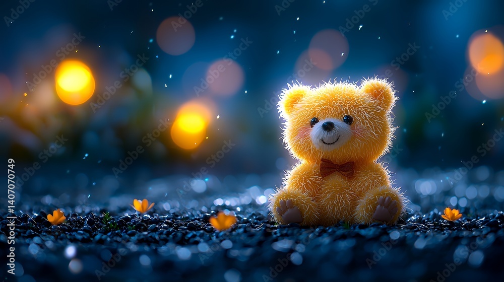 Fototapeta premium Cute yellow teddy bear in nighttime bokeh