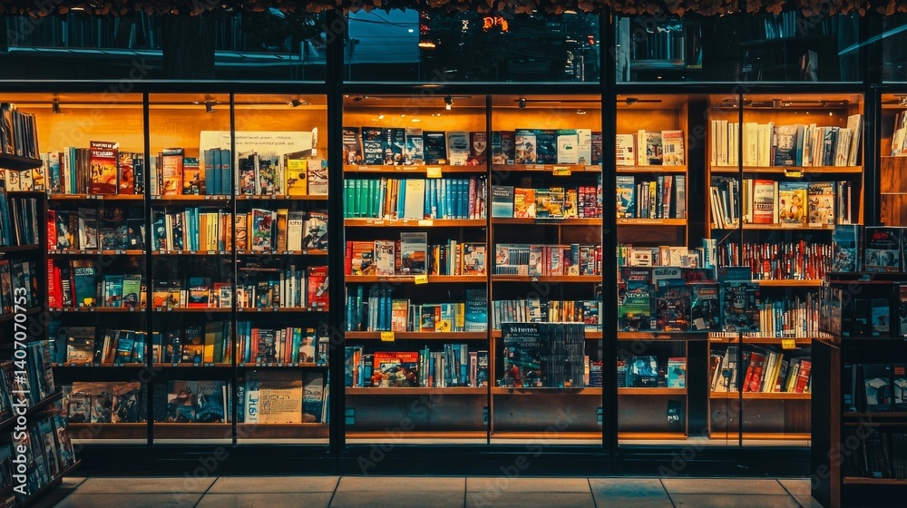 Glass wall of bookstore with shelves full of books